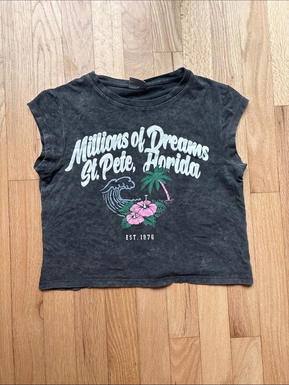 Zara Black Graphic Tee with Pink & Green Tropical Motif